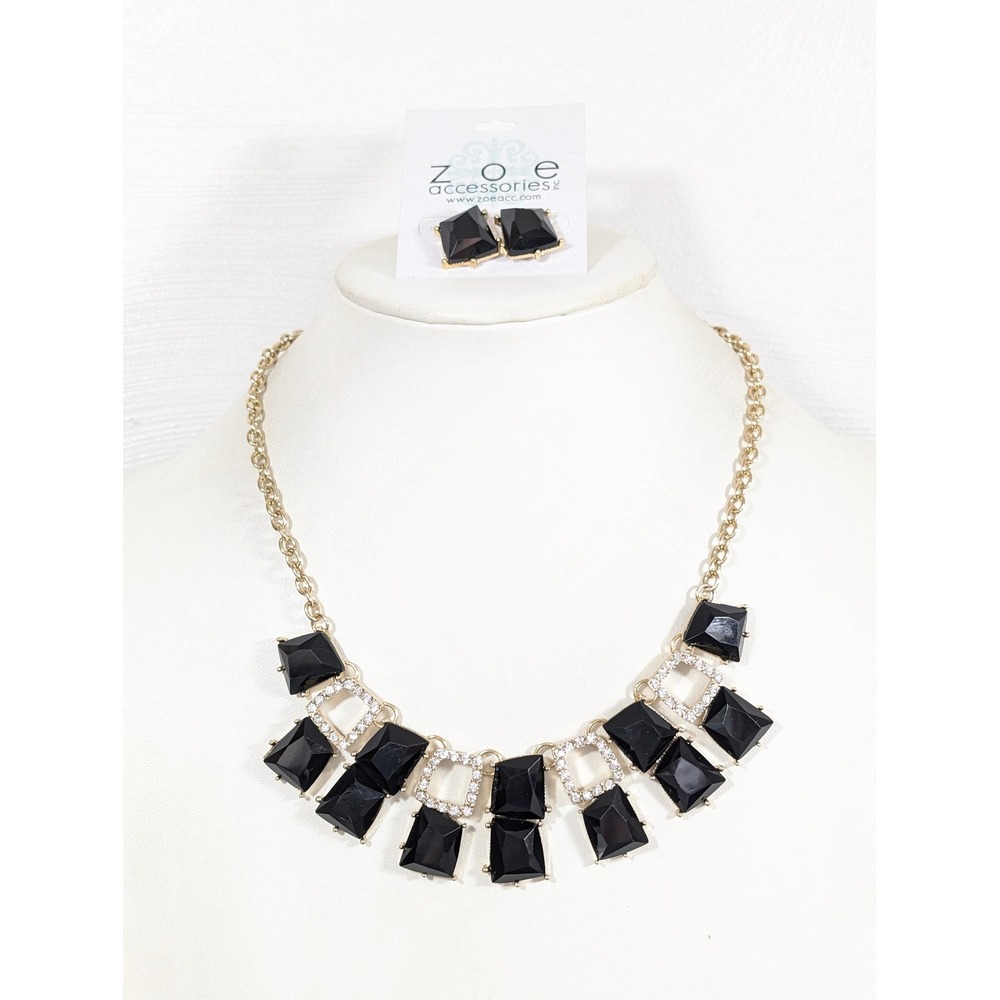 MIA Collection Black & Gold Geometric Statement Necklace Earrings Set‎ 21" NWT